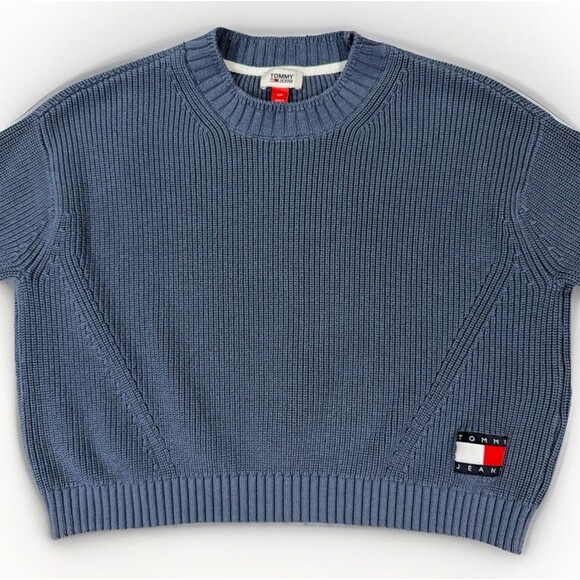 Tommy Hilfiger Cropped Sweater Dusty Blue Y2K Tommy Jeans Preppy Twee Streetwear - Picture 4 of 9